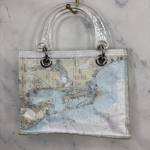 Couture Planet Nantucket Map Recycled Newspaper Tote Bag Purse Lucite Handle - Picture 13 of 14